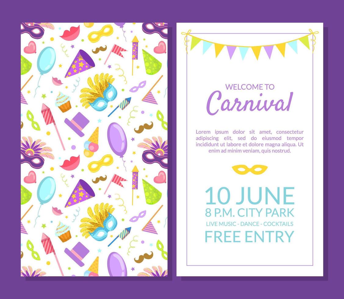 Welcome to Carnival, Masquerade Party Banner, Flyer or Invitation Card Template with Place for Text, Two Sides Illustration vector