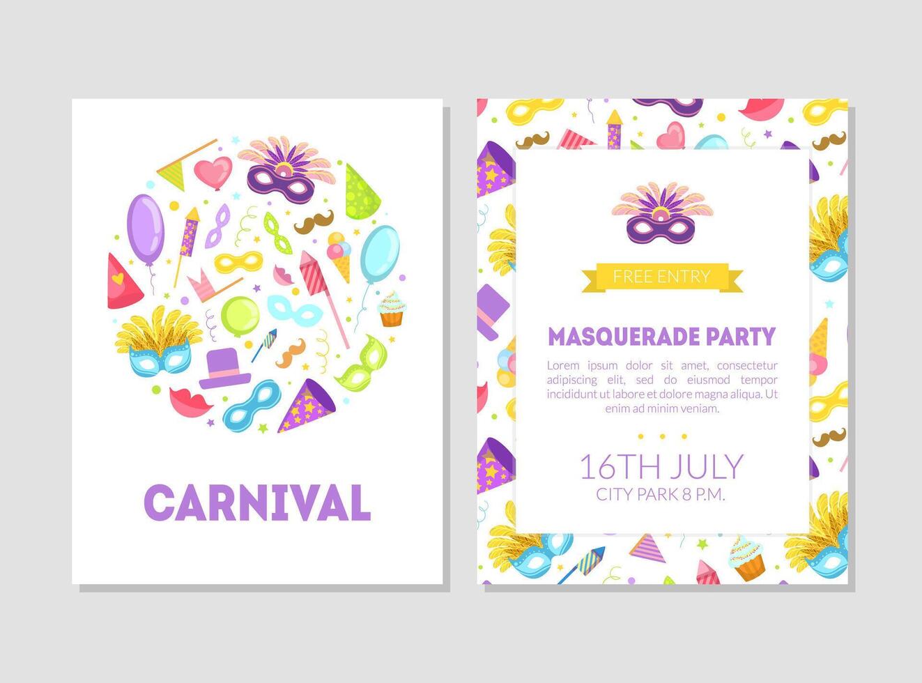 Carnival, Masquerade Party Banner, Flyer or Invitation Card Template with Place for Text, Two Sides Illustration vector