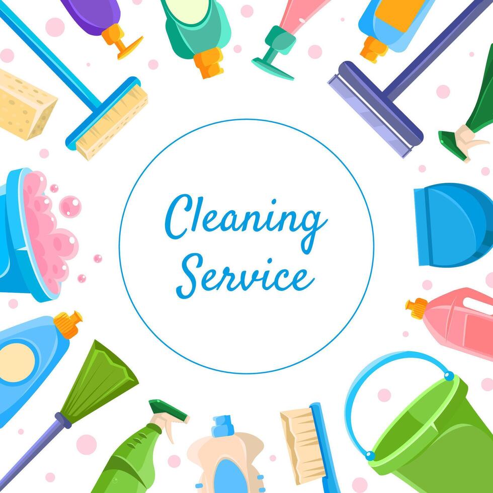 Cleaning Service Banner Template, Various Cleaning Tools and Detergents Products Illustration vector