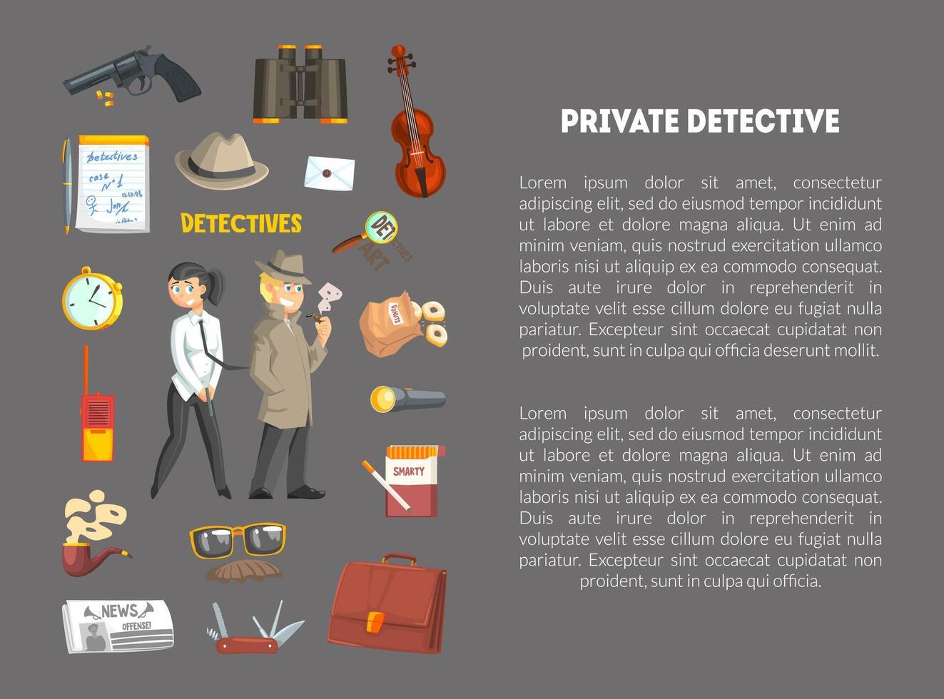 Private Detective Banner Template with Place for Text, Detective Agency, Crime Investigation, Investigators With Equipment at Work Illustration vector