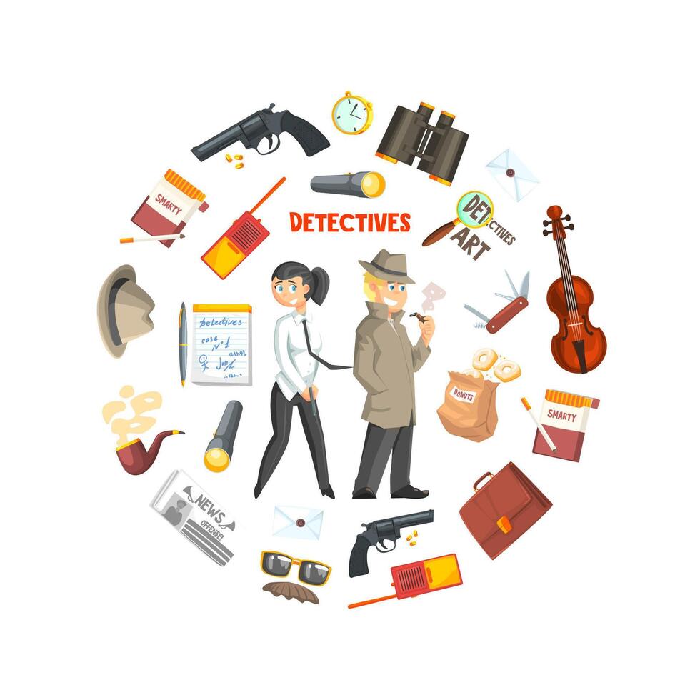 Private Detective Banner Template, Detective Agency, Crime Investigation, Investigators With Equipment in Circular Shape Illustration vector