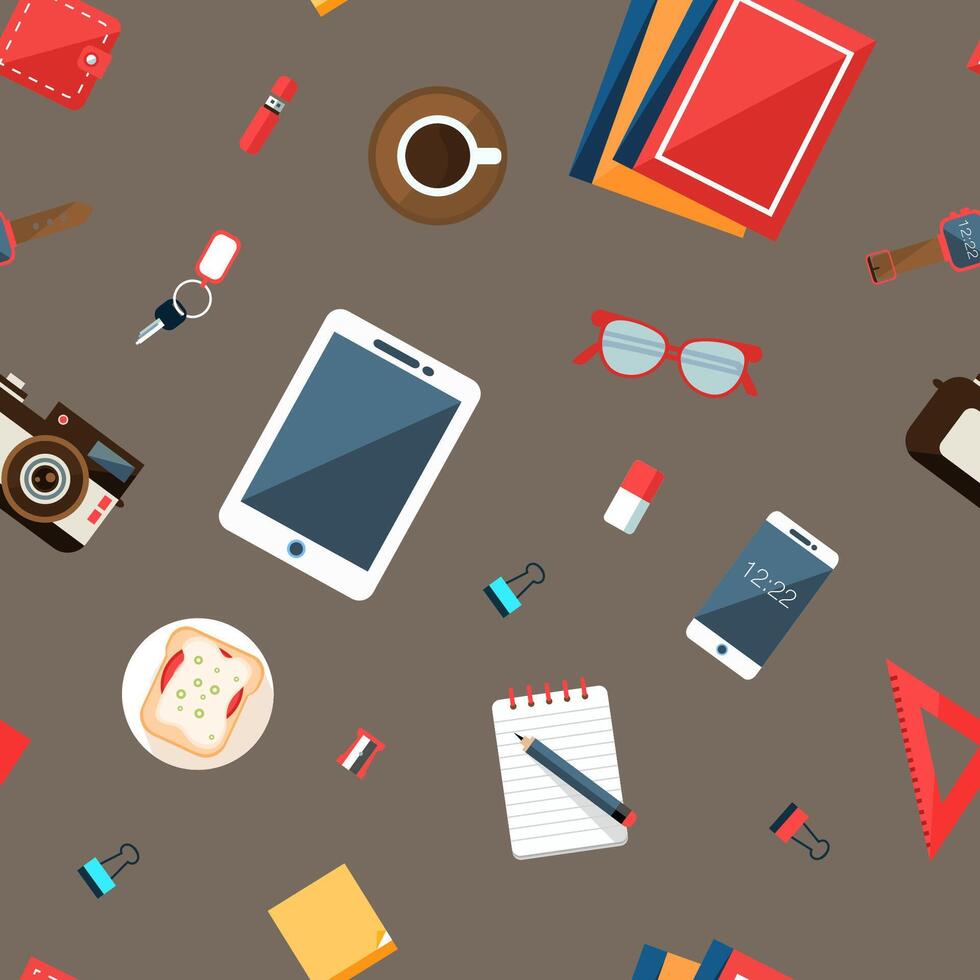 Everyday things Seamless Pattern, Tablet, Smartphone, Camera, Notebook, Key, Glasses, Coffee Cup, Wrist Watch, Sandwich, Wallet, Design Element Can Be Used for Wallpaper, Packaging Illustration vector