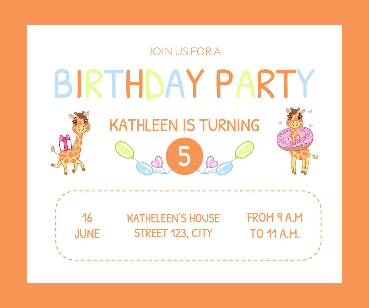 Happy Birthday Invitation Card Template with Cute Animals, Number of Years and Date Illustration vector