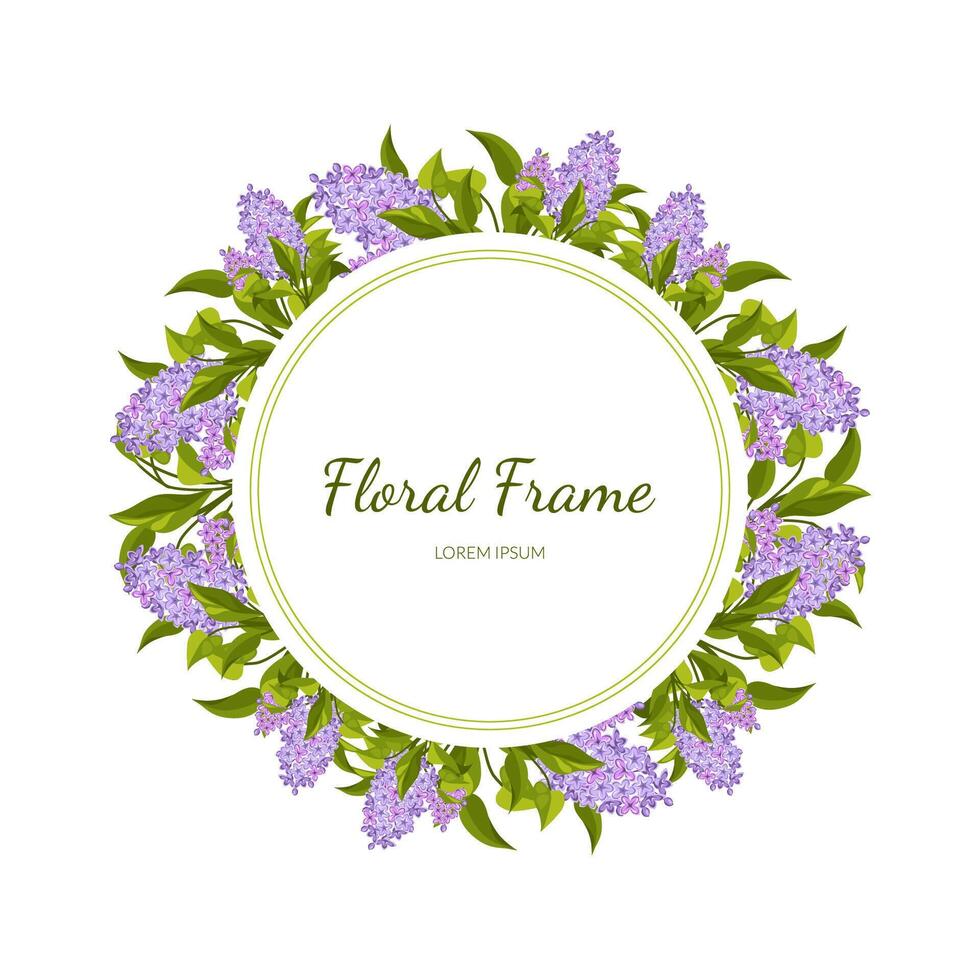 Lilac Flowers Round Frame Card Template with Blooming Flowers, Elegant Floral Banner, Poster, Wedding Invitation, Greeting Card Illustration vector