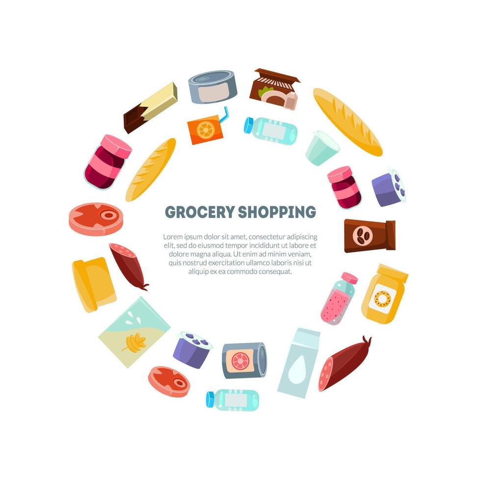 Grocery Shopping Banner Template, Everyday Products, Grocery Store in Circular Shape Illustration vector
