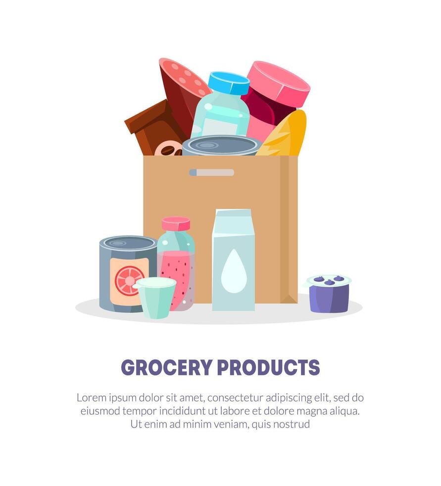 Grocery Products Banner, Landing Page Template, Paper Bag Full Everyday Goods, Grocery Store Illustration vector