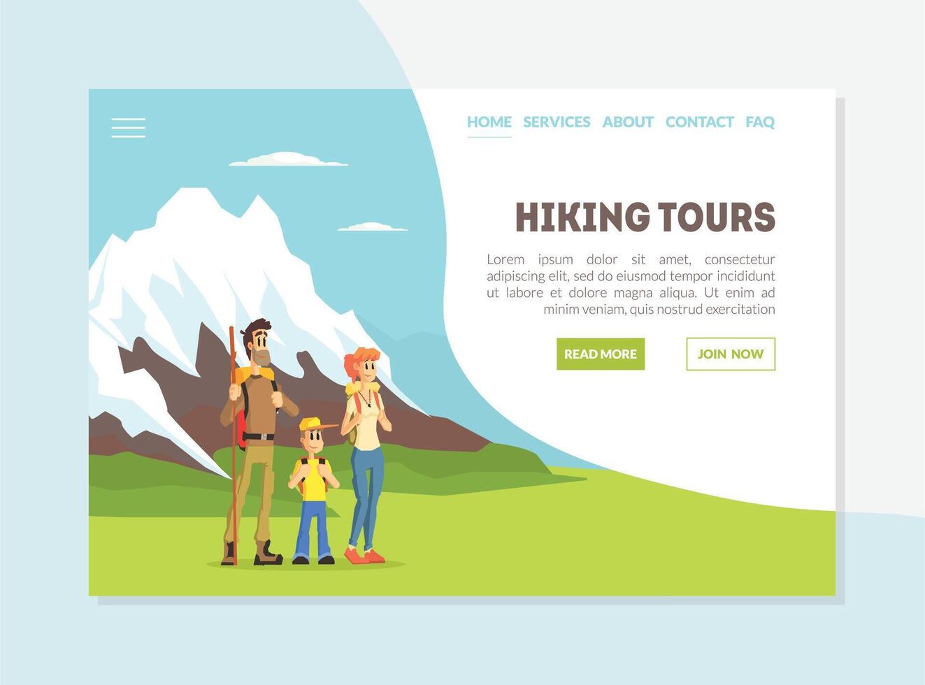 Hiking Tou Banner, Landing Page Template, Happy Family Travelling Together at Mountains Illustration vector