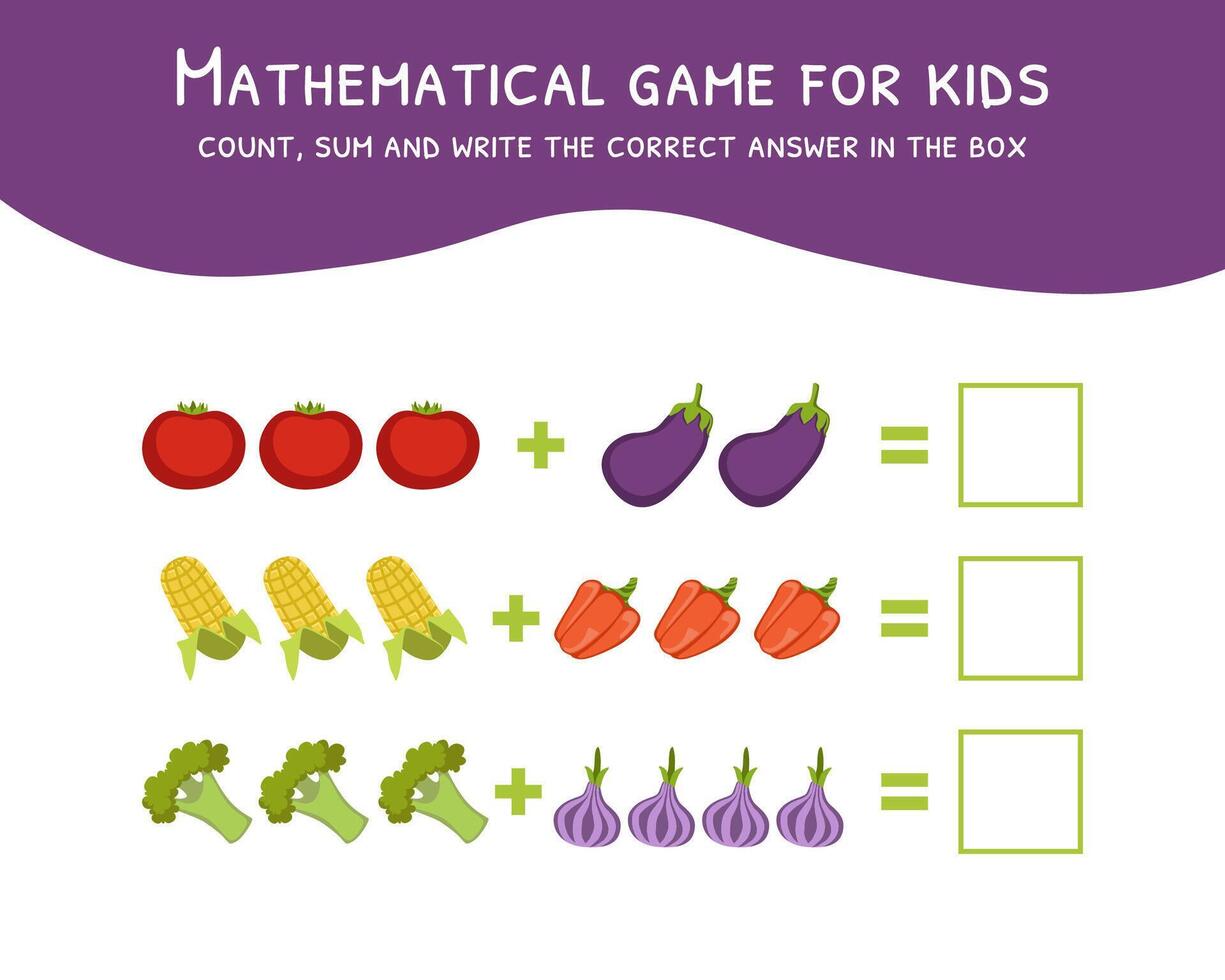 Mathematical Game for Kids, Count, Sum and Write the Correct Answer in the Box Illustration vector
