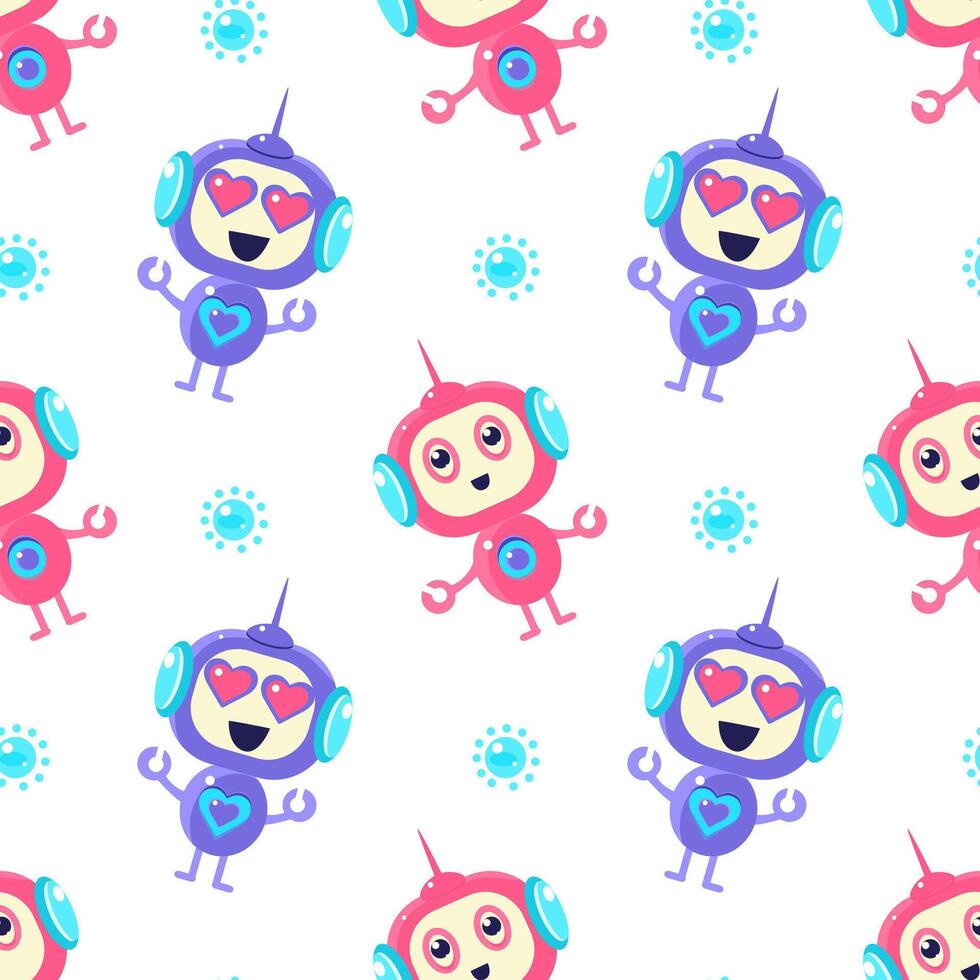 Cute Robots Seamless Pattern, Friendly Alien or Robot Design Element Can Be Used for Fabric, Wallpaper, Packaging Illustration vector