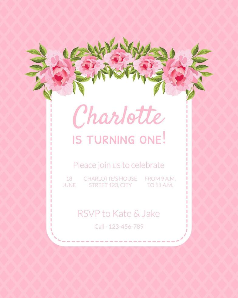 Pink Baby Girl Birthday Invitation Card is Turning One with Flowers and Text, Illustration vector