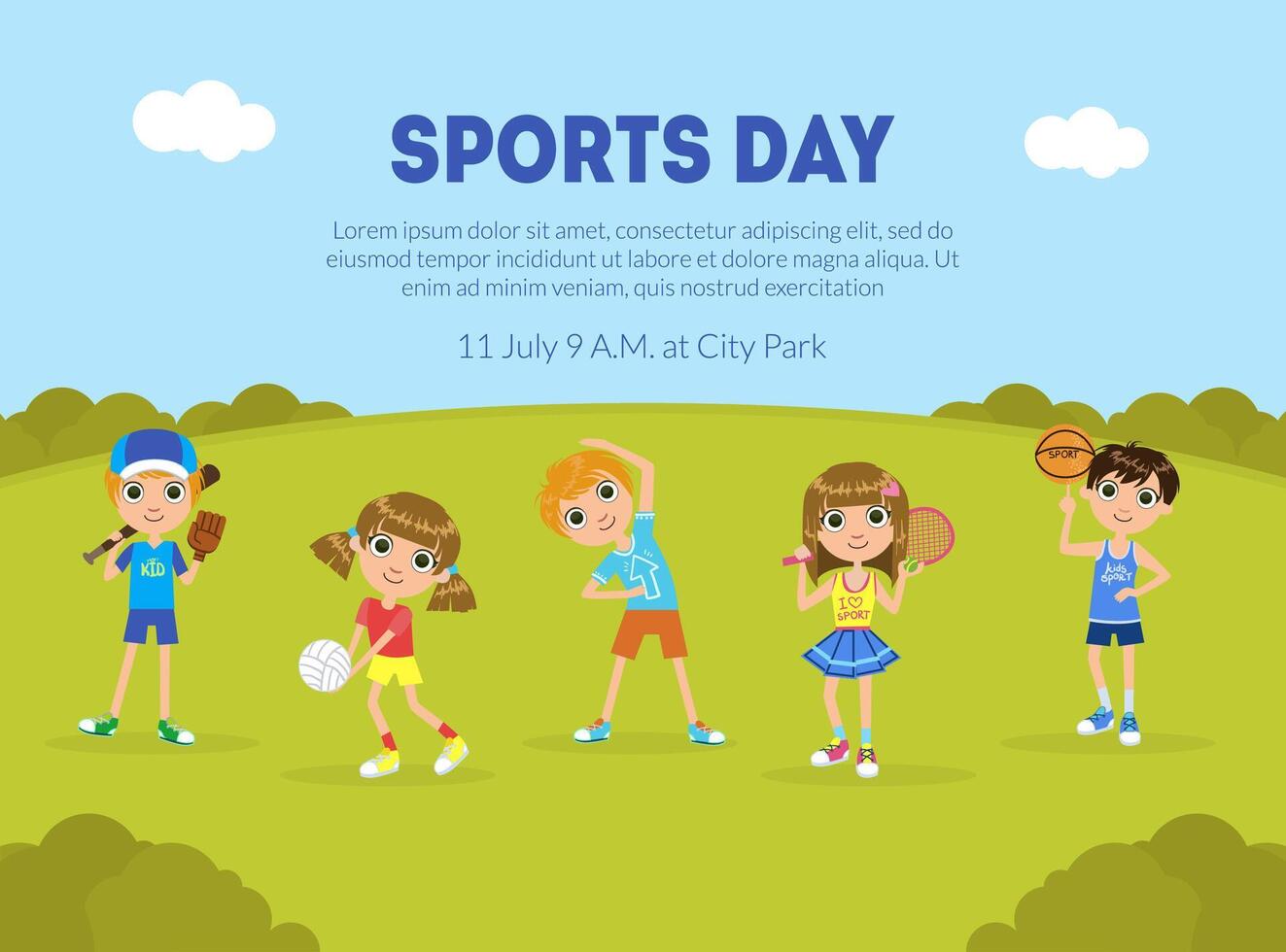 Sports Day Banner Template, Sport Activity Outdoors, Children Doing Sports on Nature, Flyer, Poster, Invitation Card Illustration vector