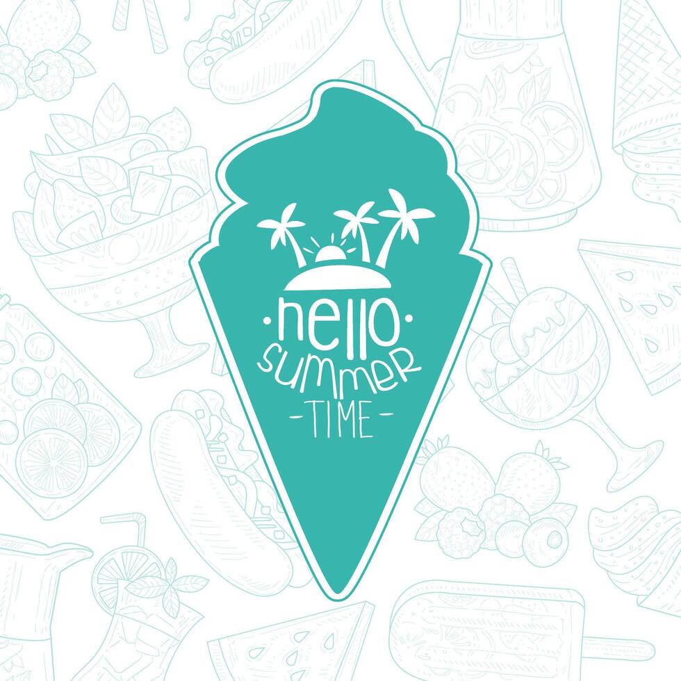 Hello Summer Time Lettering with Ice Cream Cone, Inspirational Poster, Banner, Card, Invitation, Logo, Label Illustration vector