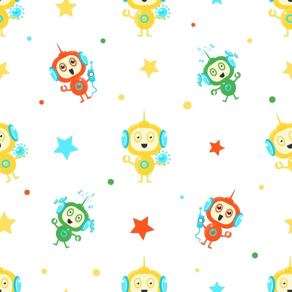 Cute Funny Robots Seamless Pattern, Friendly Alien or Robot Design Element Can Be Used for Fabric, Wallpaper, Packaging Illustration vector