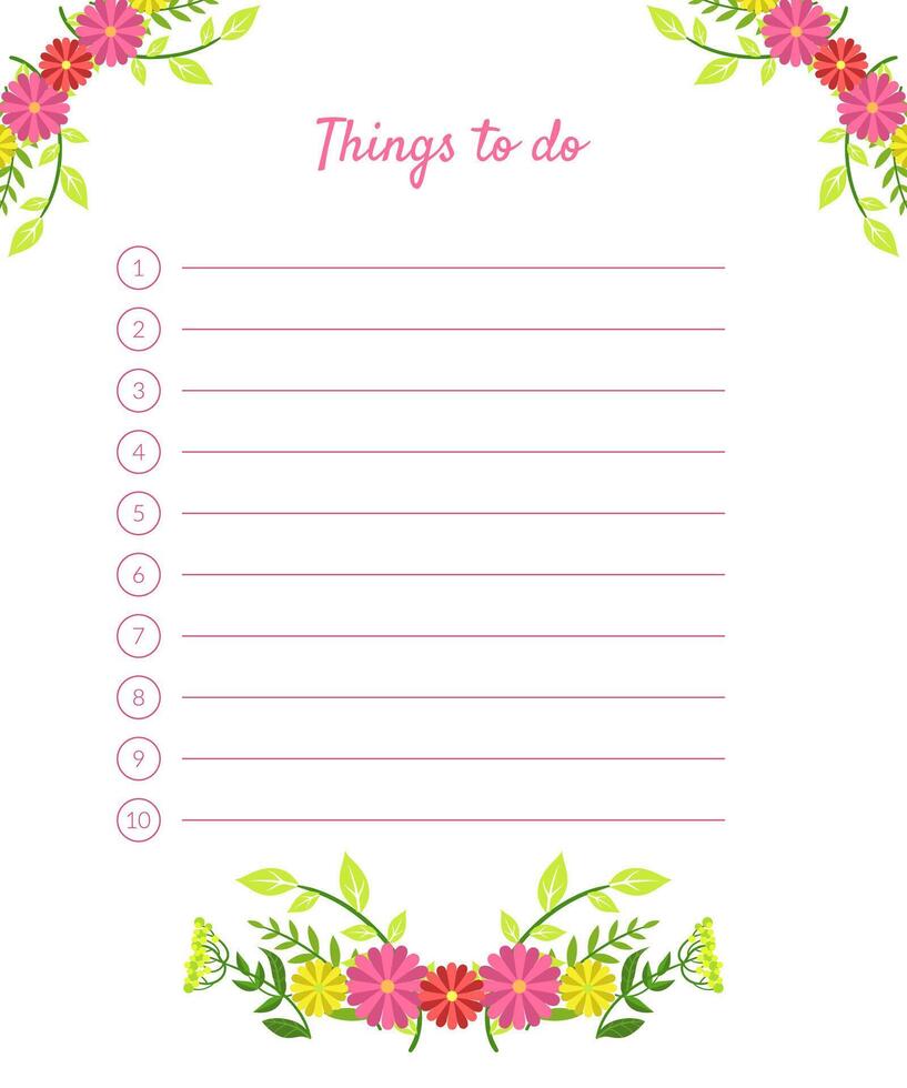 Things to Do Banner Label Template, Planner for Notes with Pink Flowers Illustration vector
