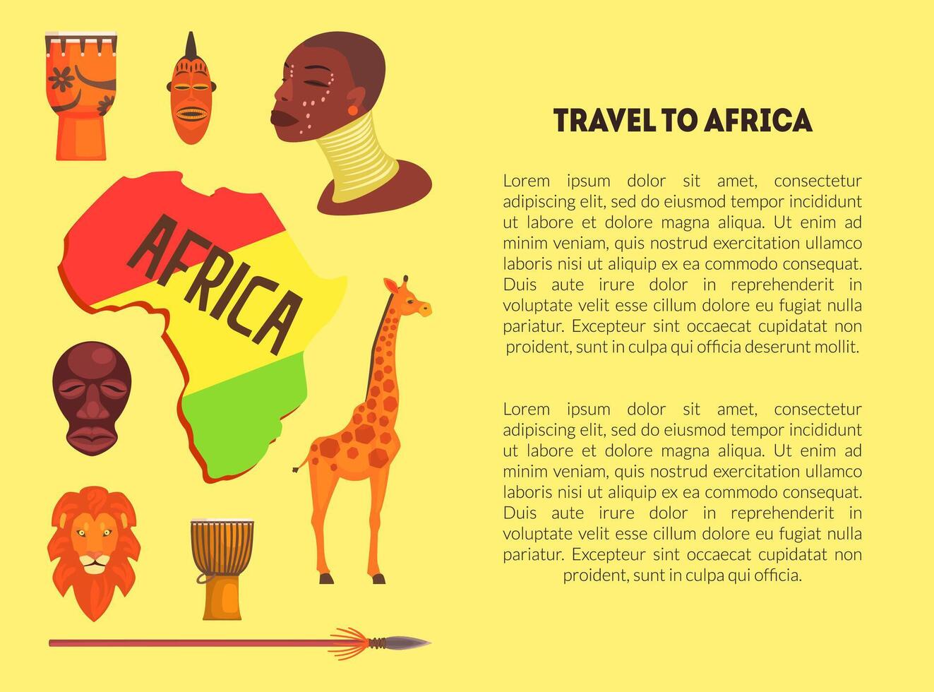 Travel to Africa Banner Template with Information Text, Map of Africa with Animals, Aboriginal and Cultural Signs Illustration vector