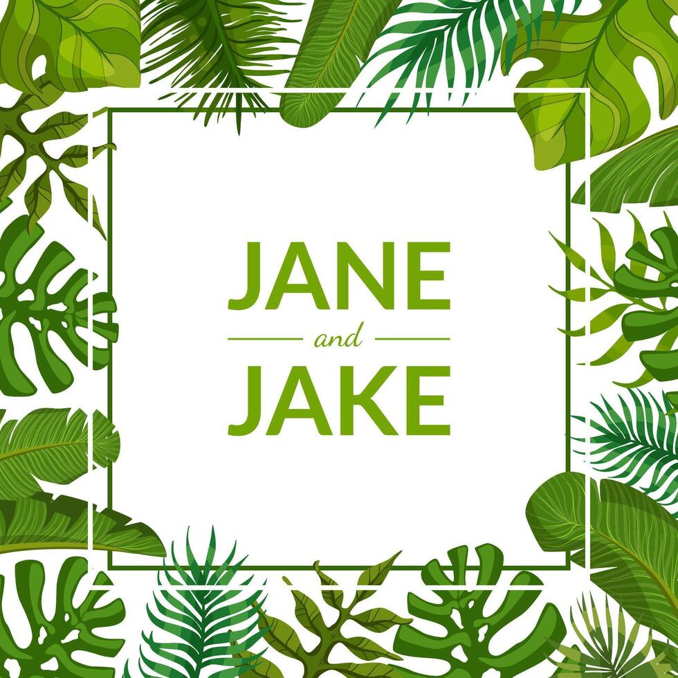 Wedding Invitation Card Template with Green Tropical Palm Leaves, Frame with Space for Text Illustration vector