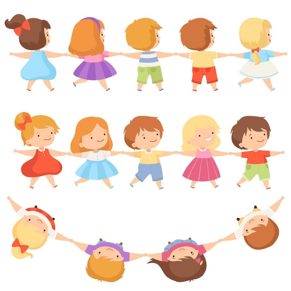 Kids Standing Together Holding Hands Set, Cute Preschool Little Boys and Girls Dancing, Front View and View from Above Cartoon Illustration vector