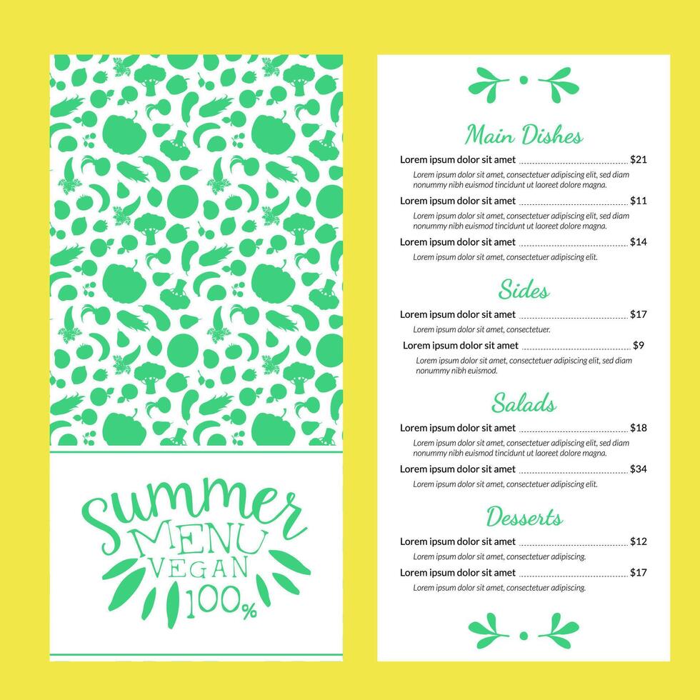 Summer Vegan Food Menu Template with Main Dishes, Salads and Desserts Illustration vector