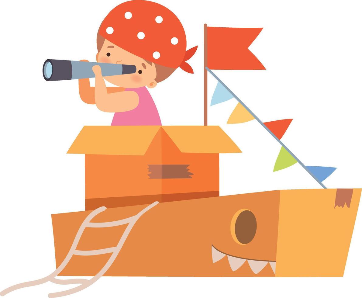 Creative Kid Character Playing Ship Made of Cardboard Boxes, Cute Boy Captain Looking Forward Through Spyglass Cartoon Illustration vector