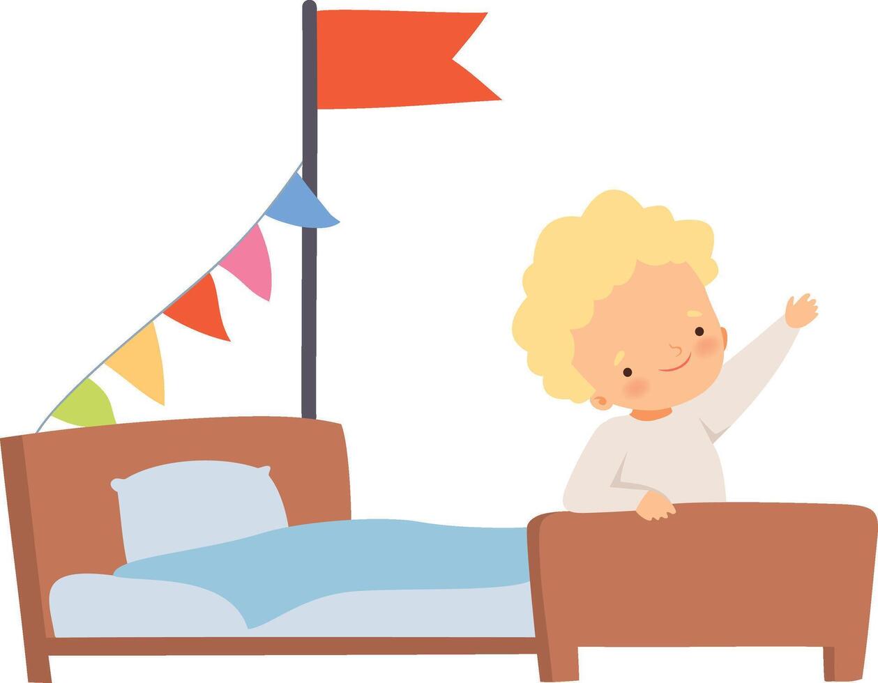 Creative Kid Character Playing Ship Made of Bed Cartoon Illustration vector