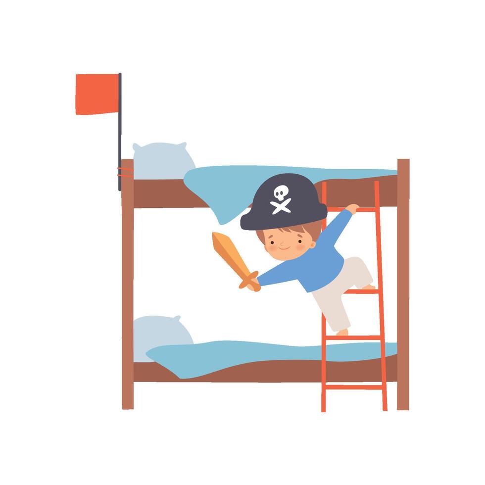 Creative Pirate Boy Character Playing Ship Made of Bunk Bed Cartoon Illustration vector