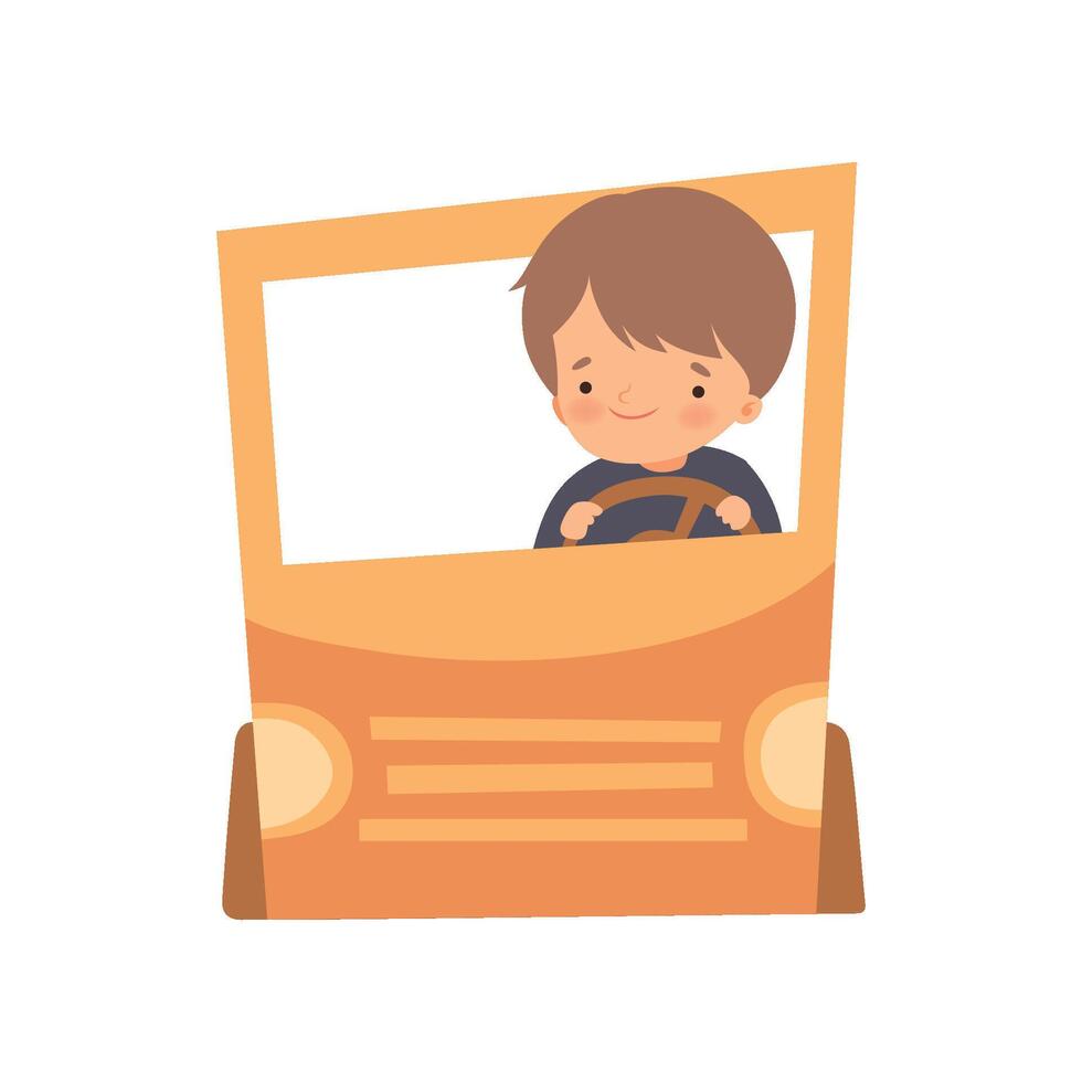Cute Creative Boy Character Driving Car Made of Cardboard Boxes, Front View Cartoon Illustration vector