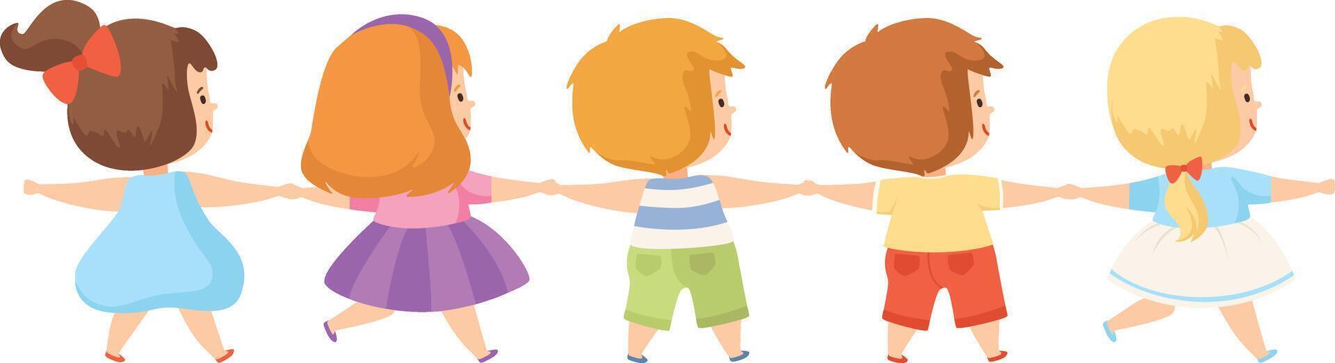 Kids Standing Together Holding Hands, Cute Boys and Girls Back View Cartoon Illustration vector