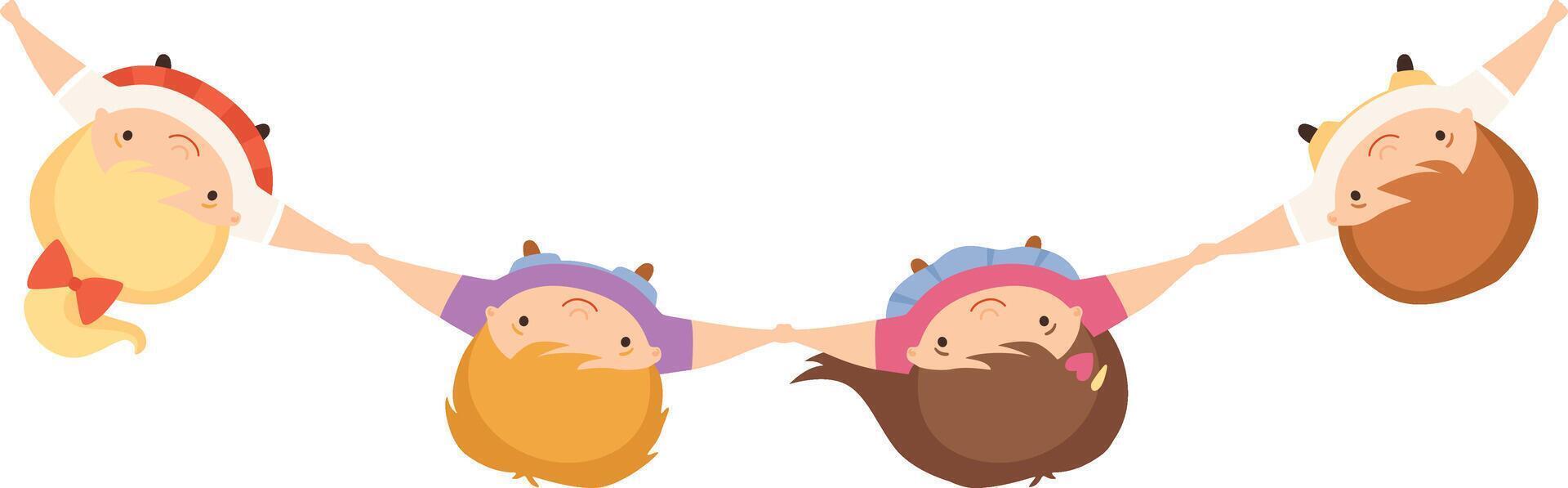 Kids Standing Together Holding Hands, Cute Little Boys and Girls, View from Above Cartoon Illustration vector