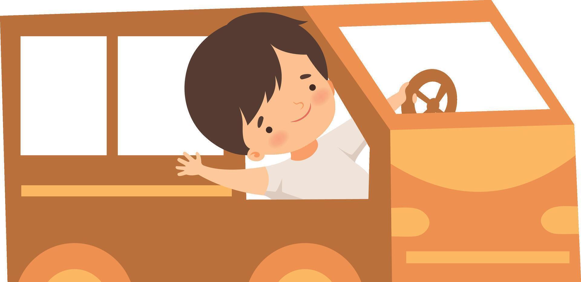 Cute Creative Boy Character Driving Toy Car Made of Cardboard Boxes, Side View Cartoon Illustration vector