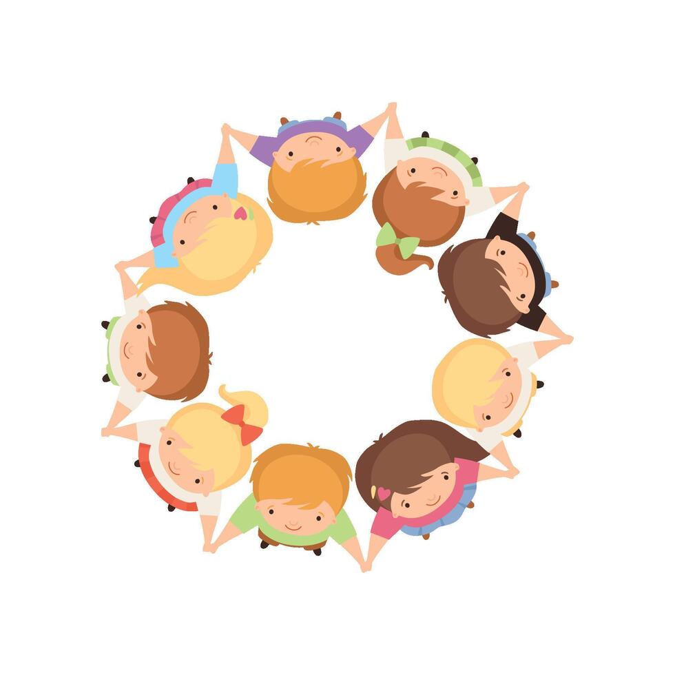 Kids Standing in Circle Holding Hands, Cute Preschool Boys and Girls Having Fun Together, Top View Cartoon Illustration vector