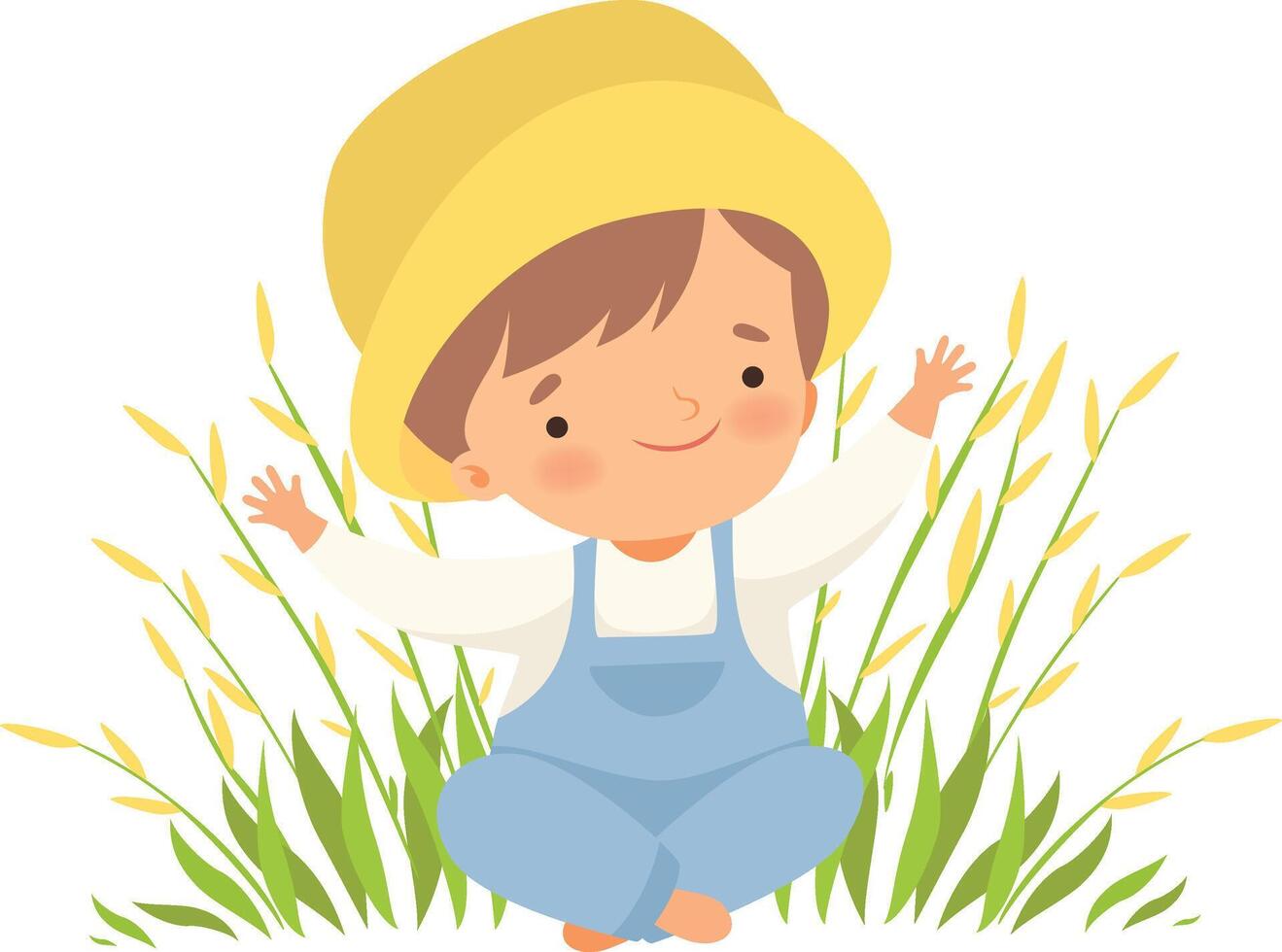 Cute Happy Boy Sitting on Green Meadow, Adorable Little Kid Cartoon Character Playing Outside Illustration vector