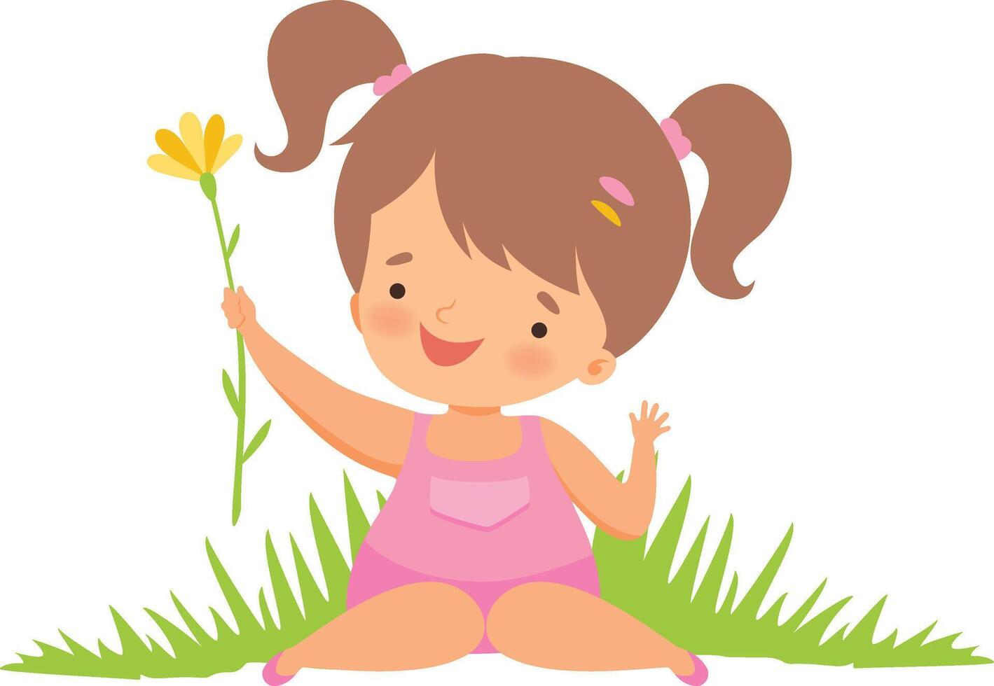Cute Happy Girl on Green Meadow, Adorable Little Kid Cartoon Character Playing Outside Illustration vector