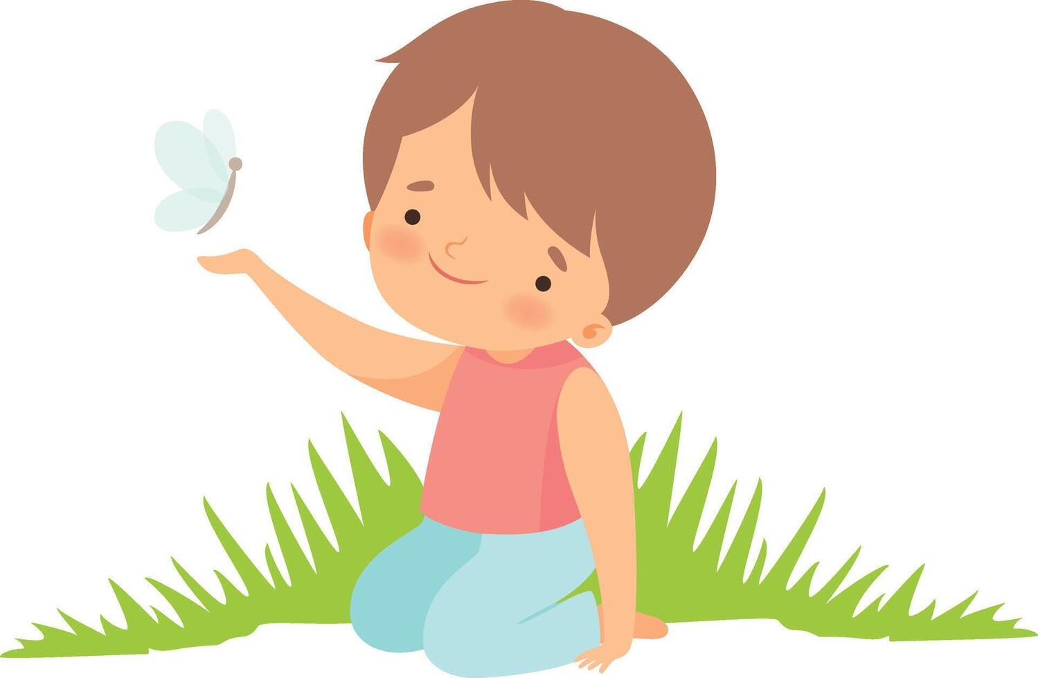 Cute Happy Boy Sitting on Green Meadow and Playing with Butterfly, Adorable Little Kid Cartoon Character Playing Outside Illustration vector