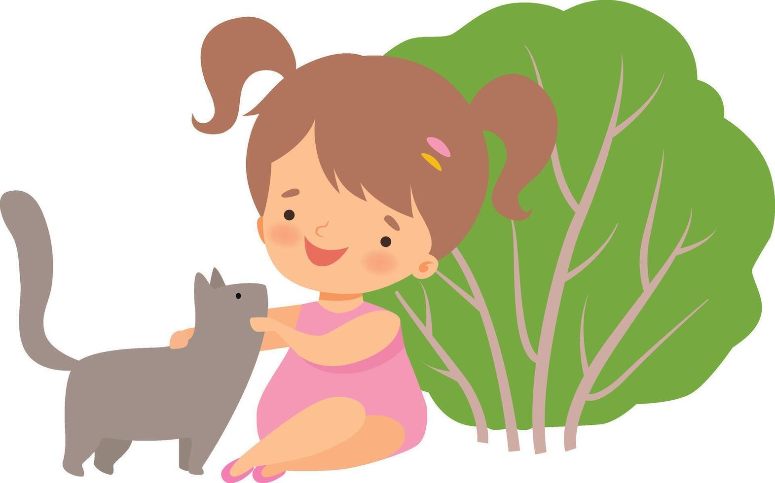 Cute Happy Girl Playing with Cat, Adorable Little Kid Cartoon Character Having Fun Outside with Her Pet Animal Illustration vector