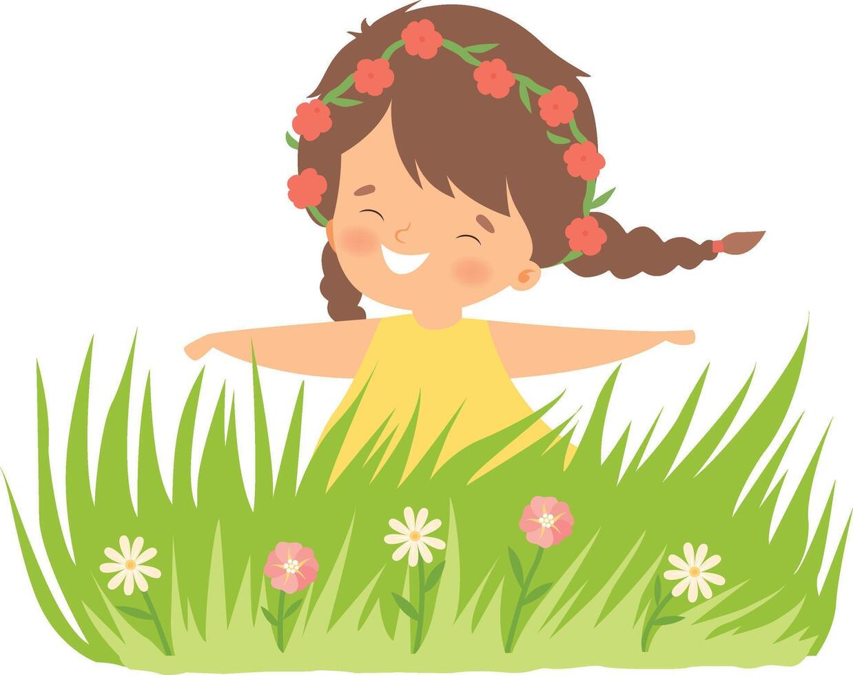 Lovely Little Girl Wearing Wreath of Red Flowers Having Fun on Summer Meadow, Adorable Little Kid Cartoon Character Playing Outside Illustration vector