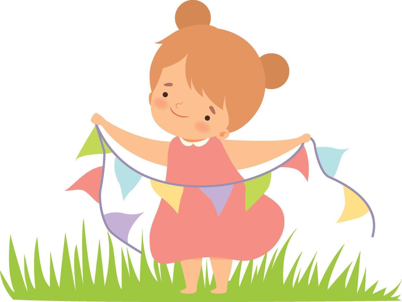 Cute Happy Girl Standing with Party Flags on Green Meadow, Adorable Little Kid Cartoon Character Playing Outside Illustration vector
