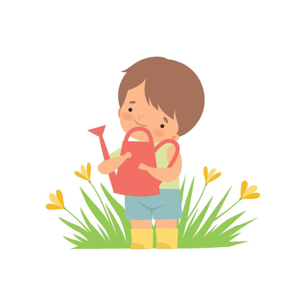 Cute Happy Boy Watering Flowers with Can, Adorable Little Kid Cartoon Character Playing Outside Illustration vector