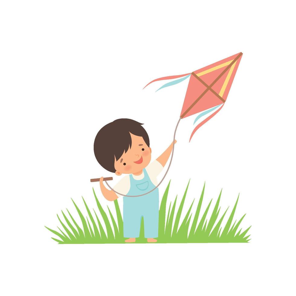 Cute Happy Boy Enjoying Flying Kite on Green Meadow, Adorable Little Kid Cartoon Character Playing Outside Illustration vector