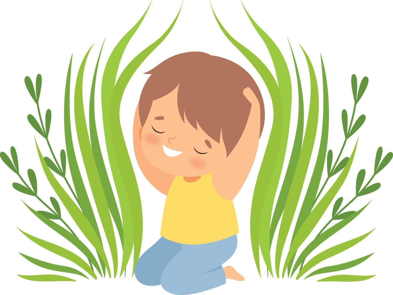 Smiling Happy Boy Sitting in Green Grass, Adorable Little Kid Cartoon Character Playing Outside Illustration vector