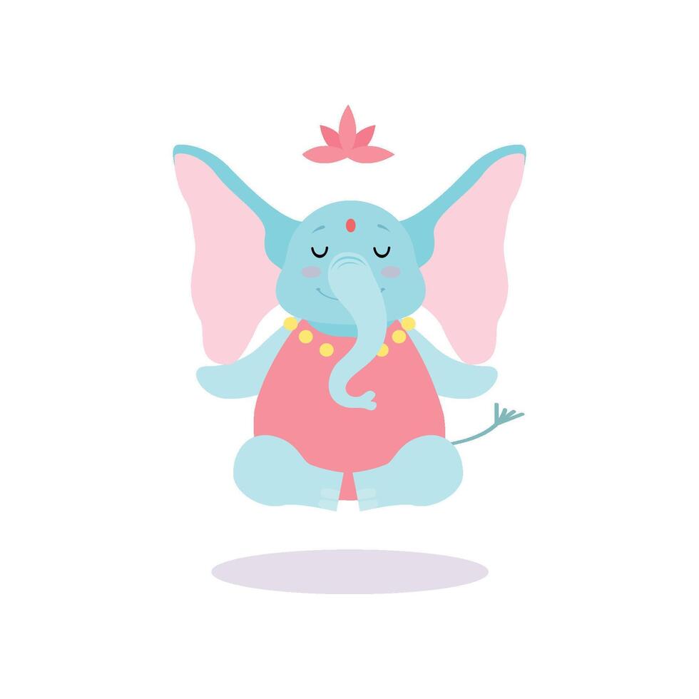 Cute Elephant Meditating in Lotus Position, Funny Animal Cartoon Character Practicing Yoga Illustration vector