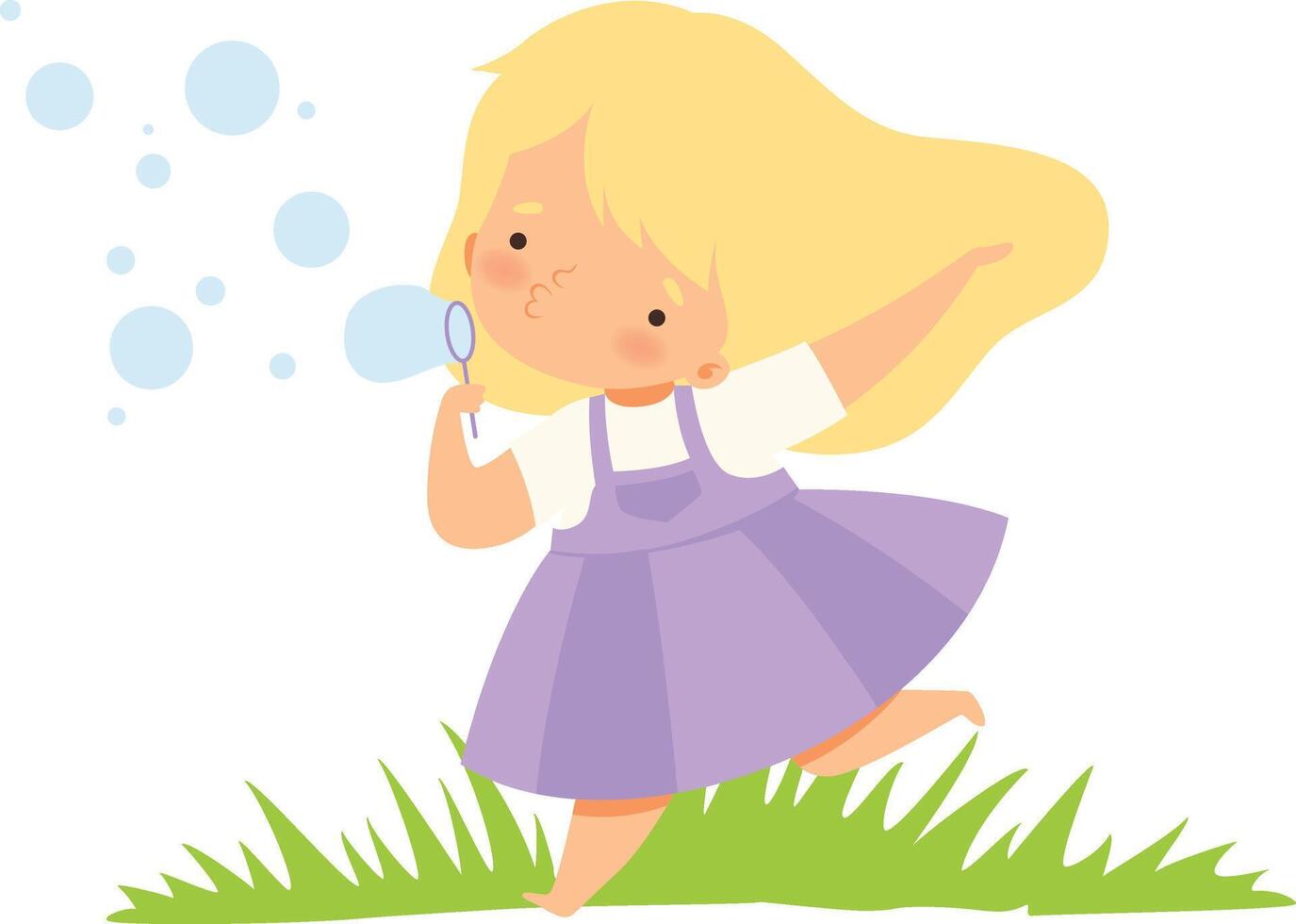 Cute Happy Girl Blowing Soap Bubbles on Green Meadow, Adorable Little Kid Cartoon Character Playing Outside Illustration vector