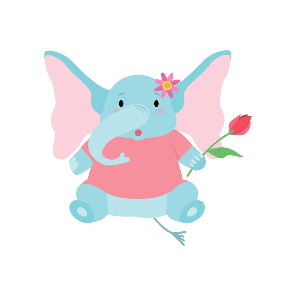 Cute Elephant Sitting with Flower, Funny Animal Cartoon Character Illustration vector