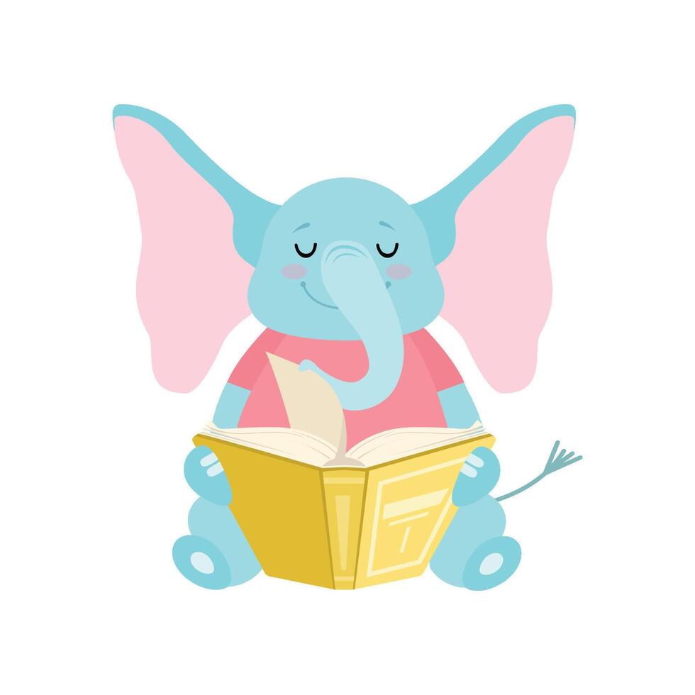 Cute Elephant Sitting and Reading Book, Funny Animal Cartoon Character Illustration vector