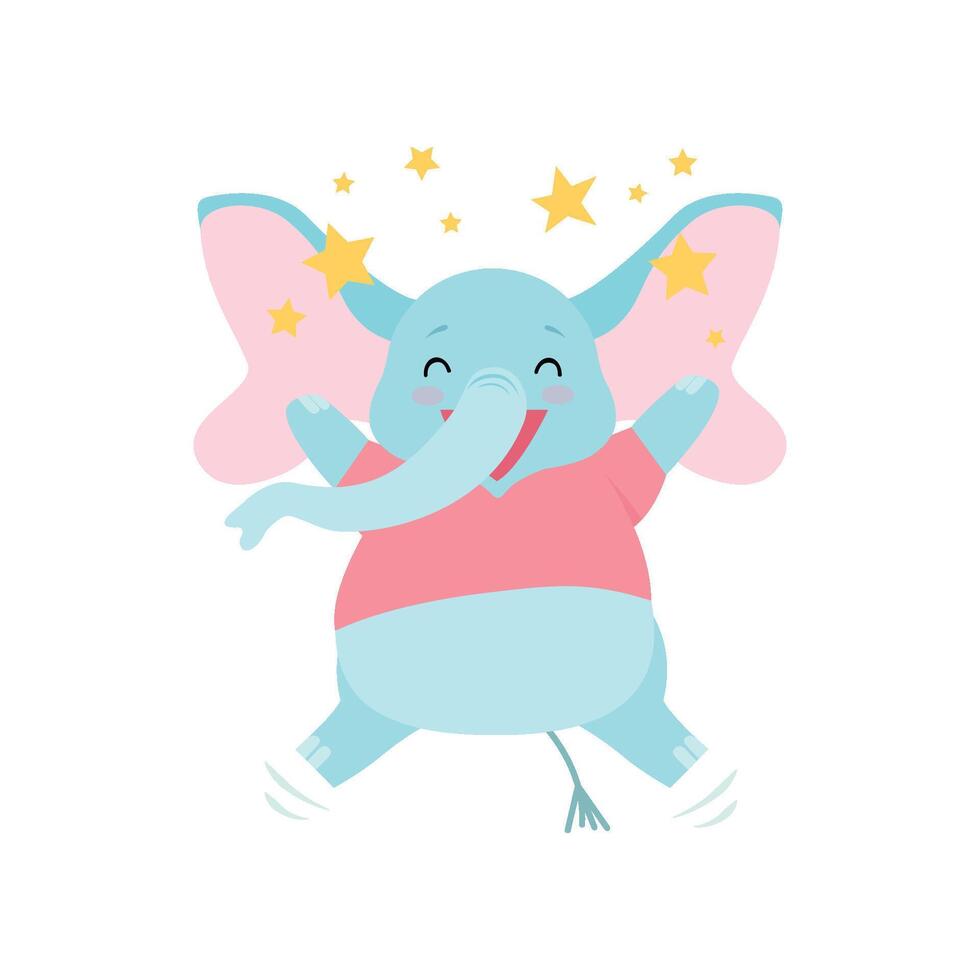 Cute Happy Elephant Surrounded By Golden Stars, Funny Animal Cartoon Character Illustration vector