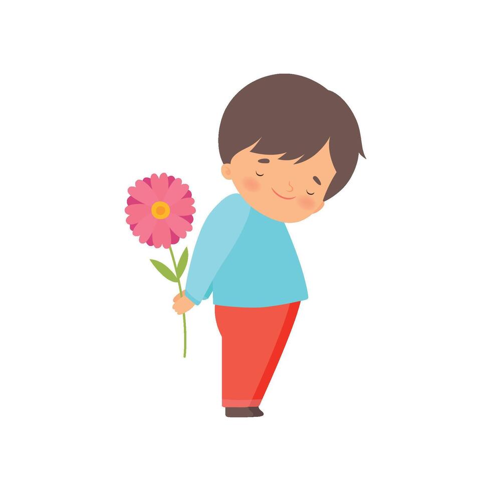 Embarrassed Little Boy Hiding Flower Behind His Back Cartoon Illustration vector