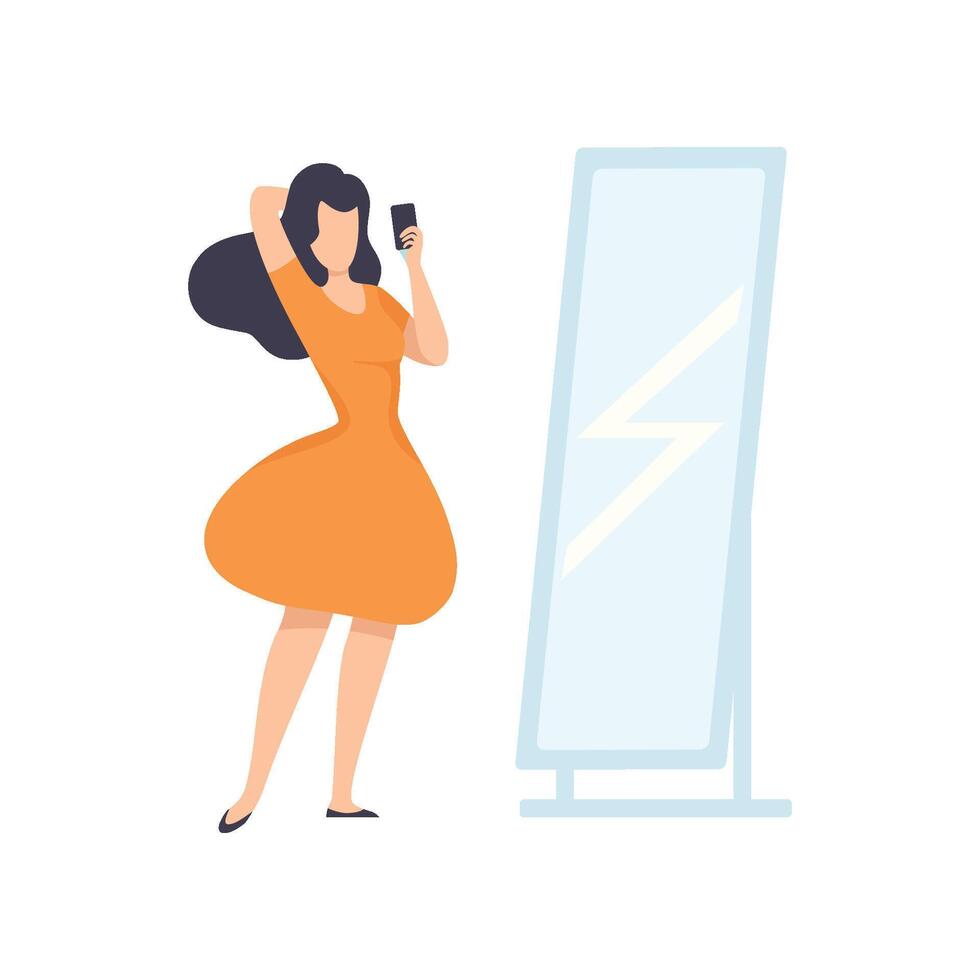 Girl Looking in Mirror and Taking Selfie Photo on Smartphone, Young Woman Making Photo or for Social Media Using Modern Gadget Illustration vector