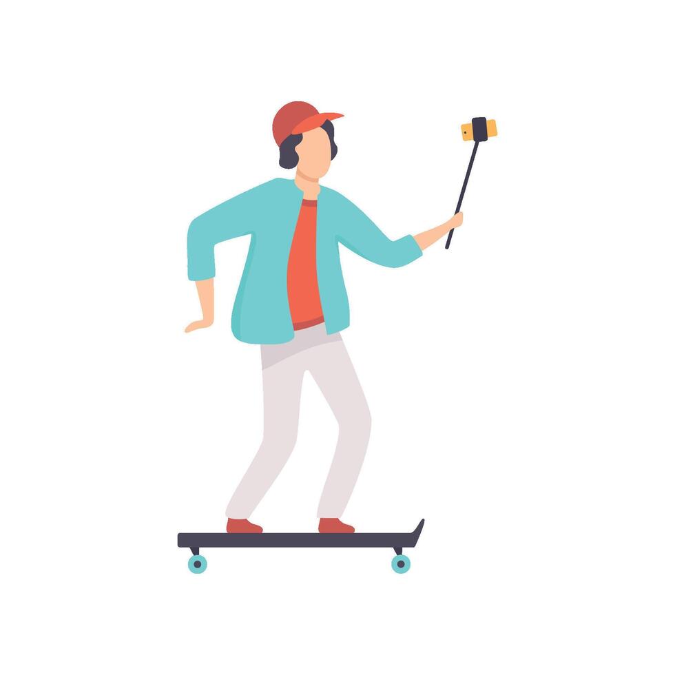 Male Skateboarder Taking Selfie Photo on Smartphone, Guy Making Photo or for Social Media Using Selfie Stick Illustration vector