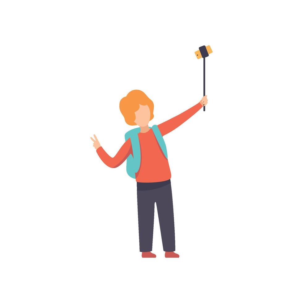 Boy Taking Selfie Photo on Smartphone, Kid Making Photo or Using Selfie Stick Illustration vector