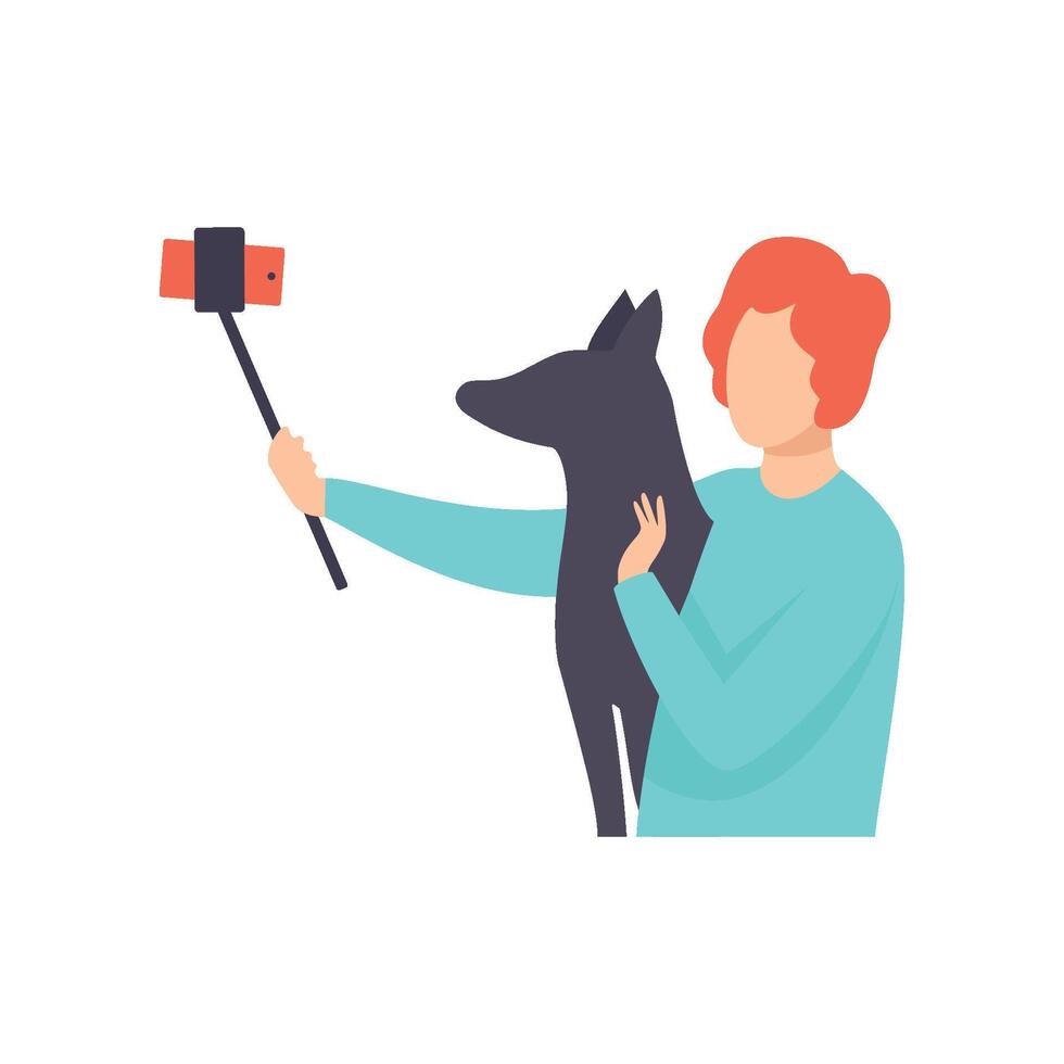 Young Man Taking Selfie Photo with His Dog, Guy Making Photo or for Social Media Using Smartphone Illustration vector