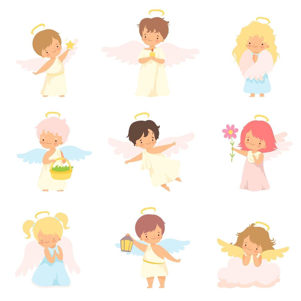Cute Baby Angels with Nimbus and Wings Set, Adorable Boys And Girls Cartoon Characters in Cupid or Cherub Costumes Illustration vector